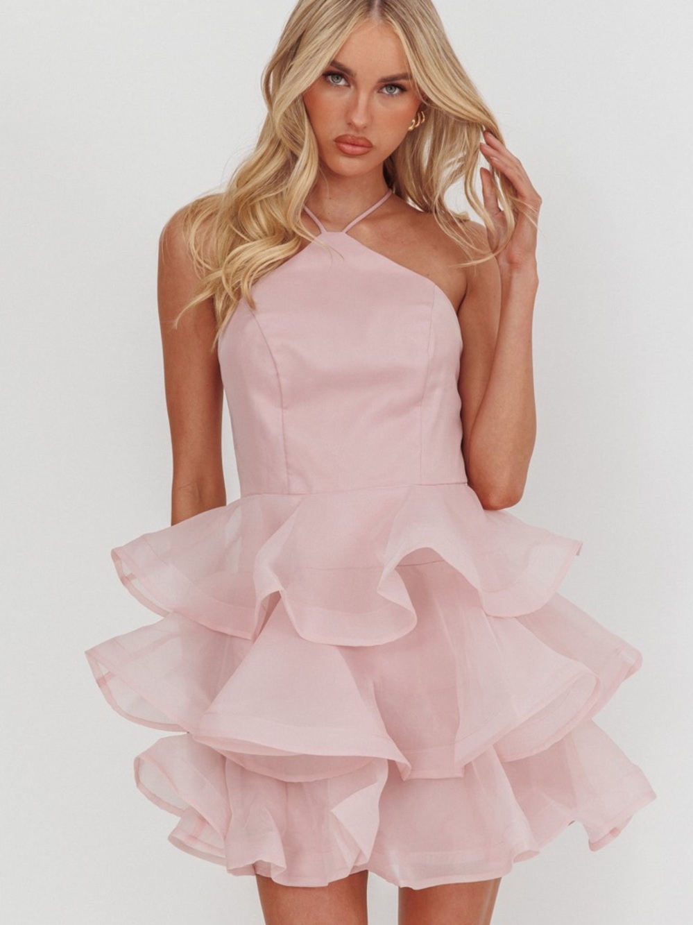 Angel Biba Kiera Layered Ruffle Strappy Mini Dress Pink Small